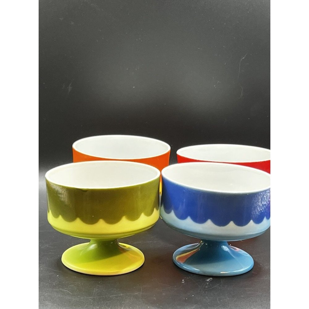 Vtg COOL 1960s Colorful SET Of 4 Pedestal Desert/ Ice Cream Dishes PERFECT 4”Dia